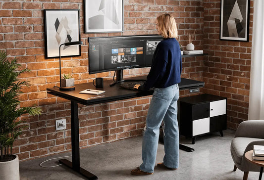 An ergonomic standing desk in a home workspace setup