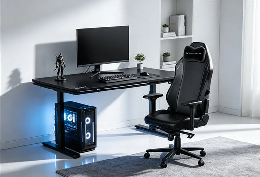 Ergonomic gaming chair matched to a height-adjustable gaming desk