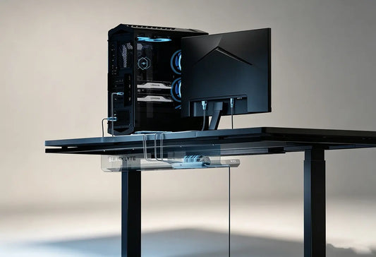 Blacklyte standing desk with under desk cable trays