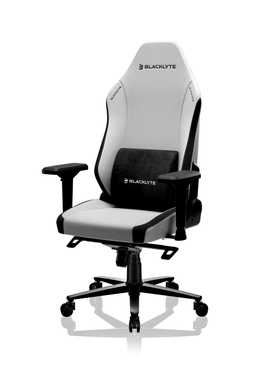 Blacklyte Athena grey fabric gaming chair with lumbar pillow