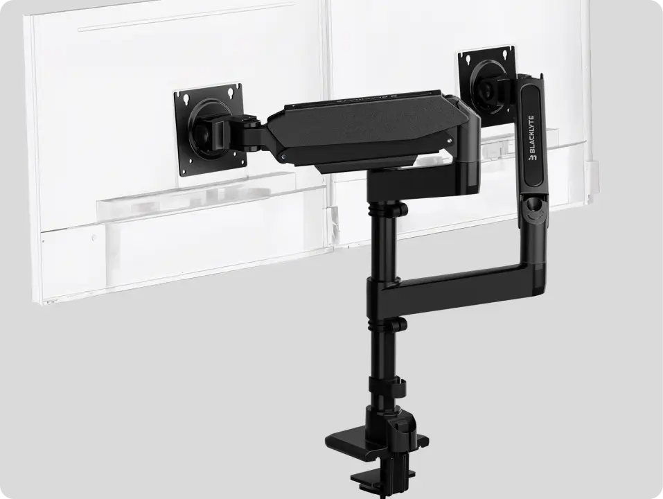 Adjustable black dual monitor arm for standing desk