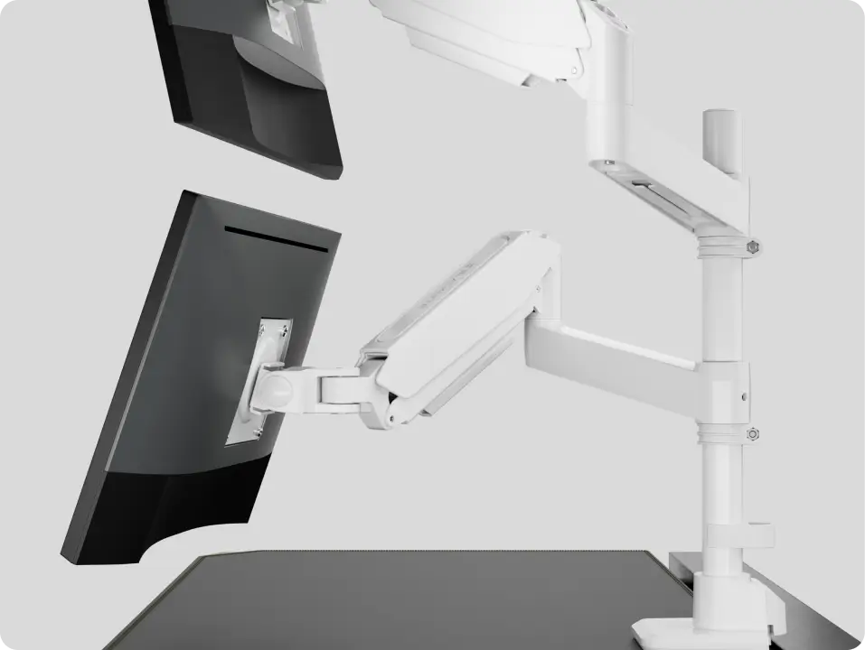 White dual monitor mount for desk