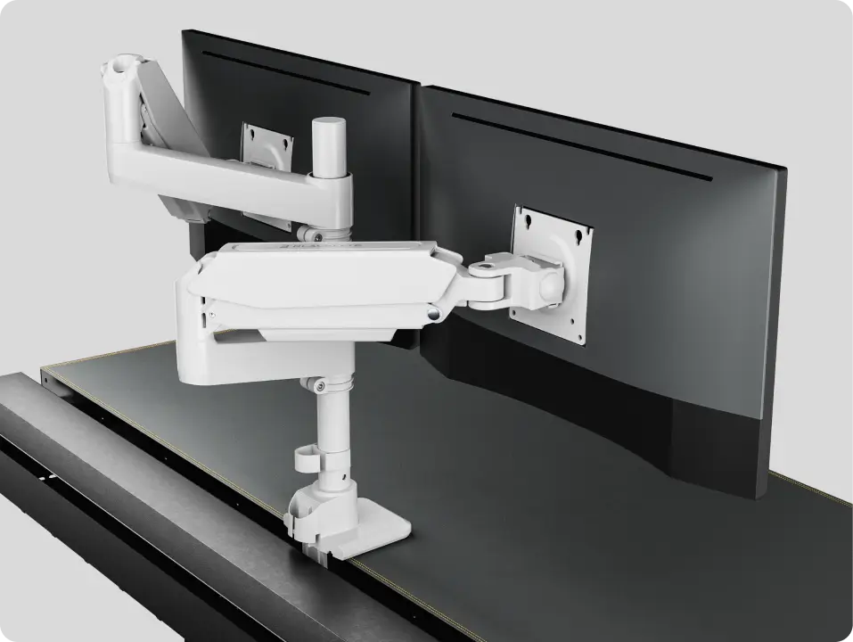 Adjustable white dual monitor arm for standing desk