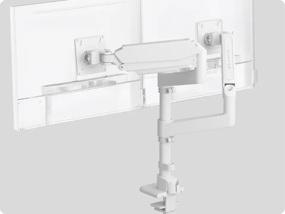 White dual monitor arm with cable management