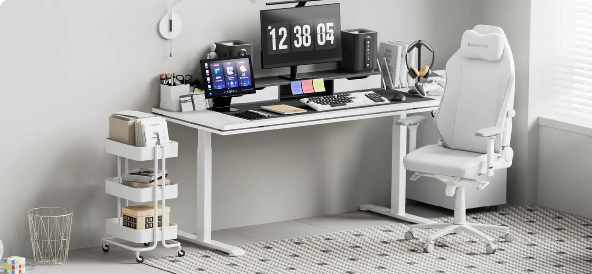 Pure white gaming chair and standing desk bundle
