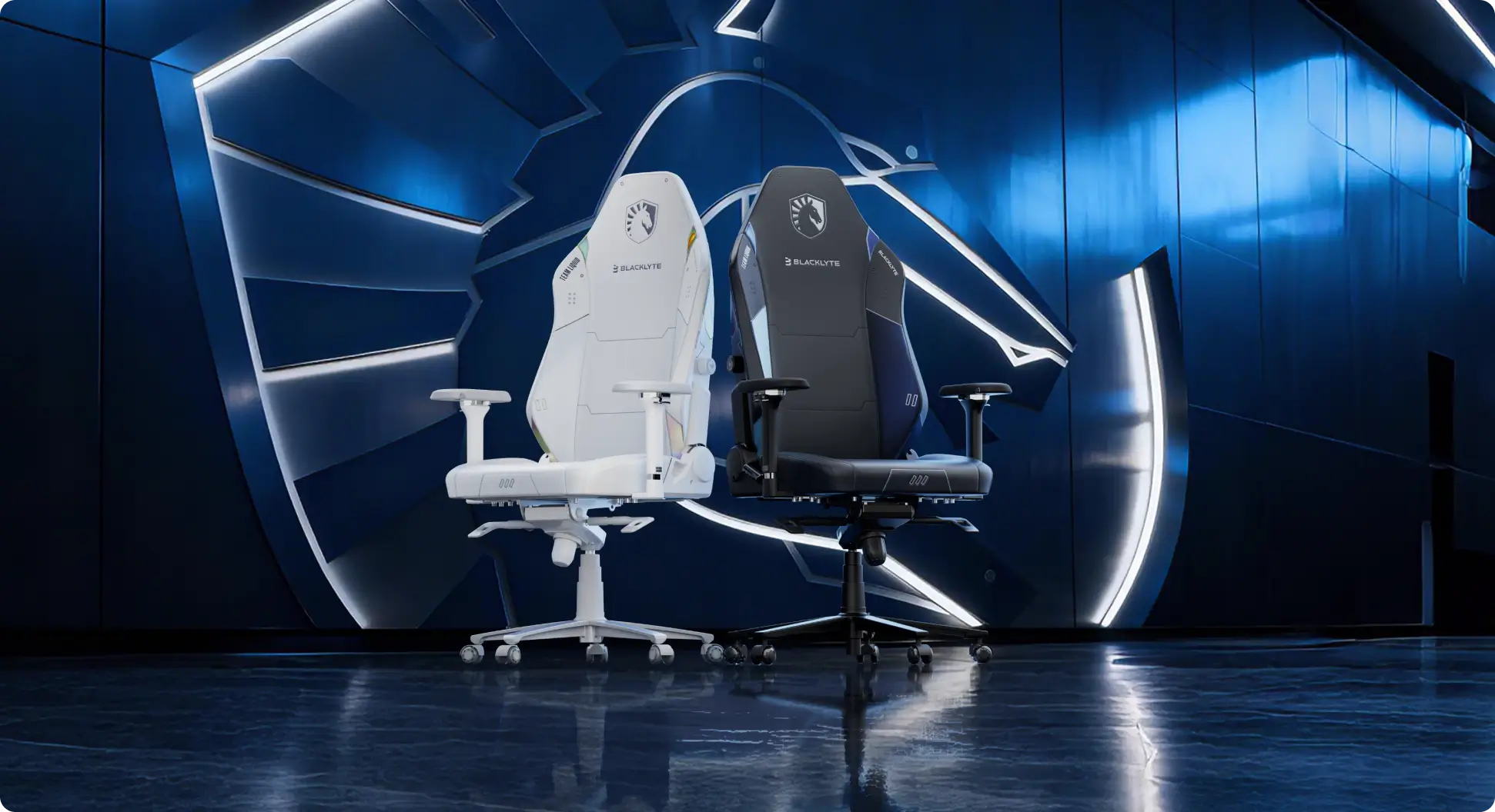 Liquid gaming chair in white and blue design